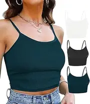 [Topstype] 3 Pcs Cropped Cami Womens Crop Tank Tops Ribbed Spaghetti Strap Camisole Layering Undershirt Double Layers No Pad