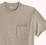 New Abercrombie Oversized Tan Paint Spattered Long Length Pocket Tee Size 2XL