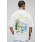 Mens White Oversized Extended Neck Monte Carlo Palm Landscape T-Shirt