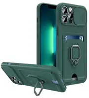 2PCS Silicone Card Bag Magnetic Phone Case ForiPhone 13 Pro MaxArmor Ring Holder Shockproof Cover - Green iPhone 13 Pro Max