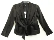 $338 New Eileen Fisher Steel Satin Black Notch Collar Tie Front Jacket Top PM