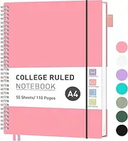 RETTACY A4 Notebook, Lined Wirebound Spiral Notebook College Ruled Paper 110 Pages for Writing, Journals for Women 100gsm, PVC Pocket, Pen Loop, Ruler, Bookmark, 21.5 x 27.9cm - Pink