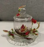 LANTREE Crystal Tea Cup Coffee Mug with Lid Saucer Spoon 11oz Red Rose