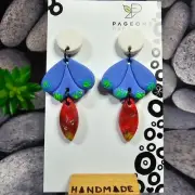 UV BLUE RED WHITE RESIN GOLD DANGLE EARRING SILVER POLYMER CLAY HANDMADE