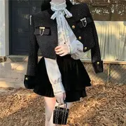 Stand Collar Velvet Panel Tweed Crop Single Breasted Jacket / High Waist Plain Tiered Velvet Mini A-Line Skirt / Long-Sleeve Stand Collar Lettering Print Tie Front Ruffle Blouse Blouse - White - S