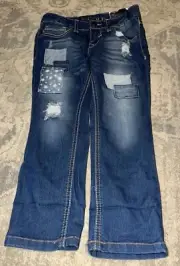 NEW VIGOSS Youth Girls Denim Jeans Size 7 Patchwork Adj Waist Roll Up Cropped