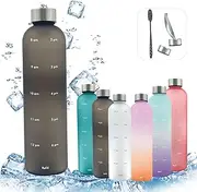 Conburrod 1 Liter Lightweight Water Bottle with Time Marker, 1000ml Clear Mint Motivational Measuring Time and Quantity BPA Free Brushed Plastic with Screw-in Stainless Steel Lid for Gym, Sports,