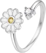 [IMINI] Daisy Ring CZ 925 Sterling Silver for Women Girls Crystal Daisy Flower Open Statement Rings Expandable Finger Band Promise Eternity Rings, Crystal, Cubic Zirconia