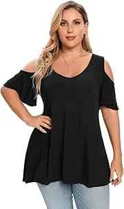 [LARACE] Cold Shoulder Tops For Women Plus Size Tunic V-neck Ruffle Sleeve T-shirts Loose Summer Clothes