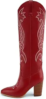 [WIRALOMI] Women Western Knee High Boots Embroidered Chunky Block Heel Cowboy Boots Pointed Toe Pull on Cowgirl Boots