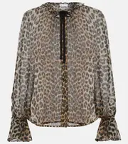 [Ganni] Ganni Leopard-print tie-neck chiffon blouse AU 6 brown
