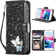 UEEBAI Wallet Case for iPhone SE 2022 5G/iPhone 7/iPhone 8/iPhone SE 2020, Premium Glitter PU Leather Phone Case Card Slots Case Magnetic Handbag Hand Strap Flip Cover for iPhone SE3/SE2 - Black