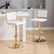 2x Velvet Bar Stools with Braided Back Elegant Kitchen High Chairs, Kitchen Island Stools Adjustable Height Swivel Bar Chairs with Gold Legs for Home-