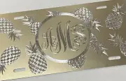 Monogram Pineapple Car Tag Diamond Etched Matte Gold Metal License Plate Gift