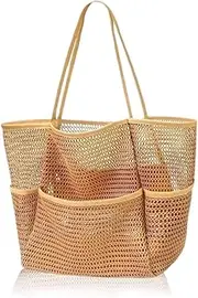 [Cadimus] Mesh Beach Bag, Foldable Beach Handbag XXL, Beach Tote Bag Women, Mesh Beach Bag with Multiple Pockets and Inner Pockets with Zip, for Family, Beach, Camping, Shopping, Travel