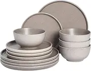 Gibson Elite 12 Piece (Service for 4) Eden Rock Plates and Bowls Reactive Glaze Round Dishes Stoneware Ceramic Dinnerware Set - Matte Brown