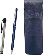SASL-ALST-PD04-L Grain Leather Pen Case Blue Metal Touch Stick Silver and Slim Swivel Ballpoint Pen Set Blue