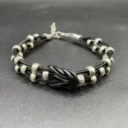 Silver Tone Bead & Leather Cord Knot Bracelet by Neanie-Bot