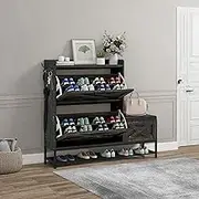 DWVO Farmhouse Shoe Cabinet, Entryway Cabinet with Shoe Bench, Narrow Slim Shoe Storage Cabinet for Entryway, Living Room, Hallway (Washed Grey)