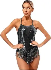 [Yhong] Women Sequin Latin Dance Leotard Fringe Ballroom Waltz Tango Samba Dance Bodysuit Dresses