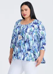[Taking Shape] Taking Shape Printed Pintuck 3 / 4 Sleeve Top Size 16 in Blue / White - Plus Size Women's Clothing Blue / White