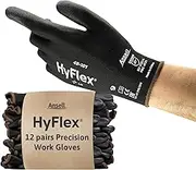 Ansell HyFlex 48-101 Thin Work Gloves, Stretch Fit Nylon Liner with Flexible PU Coating, Lightweight Safety Gloves for Precision Handling, DIY and Mechanics, Black, Size L (12 Pairs)