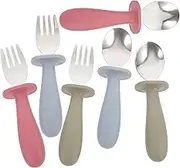 GRIRIW Toddler Utensils Set 6pcs Stainless Steel Spoon Fork Silicone Handle Eating Utensils for Home School Meals Safe Comfortable for Boys and Girls