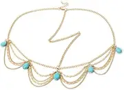 [Generic] Boho Layered Turquoise Head Chain Gypsy Turquoise Hair Chain Headband Gold Turquoise Tassel Dangle Headchain Blue gemstone Headdress Festival Wedding Headpieces Accessory Jewelry for Women