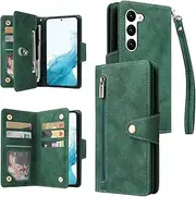 [YocoverTech] for Samsung S23 5G Case,for Galaxy S23 5G Wallet Case[6 Card Slots and 1 Zipper Coin Pocket] PU Leather Stand Flip Cover with Wrist Strap[6.1 inch]-Green