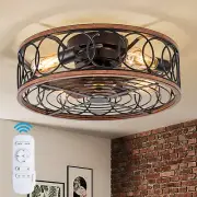Farmhouse Ceiling Fans with Lights and Remote, 20'' Low Profile Caged Lighting w