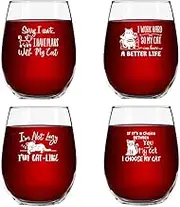 (Funny Cats) - Funny Cat Stemless Wine Glasses Set of 4 Hilarious Cat Gift Idea for Women, Pet Owners and Wine Lovers 440ml Funny Cat Wine Glass with Cute Messages Dishwasher Safe Made in USA