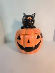 Cobwebs And Cauldrons Ceramic Canister Jar Cat In Pumpkin