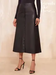 Friends Like These Black Faux Leather Button Through Midi Skirt (B28101) | $83