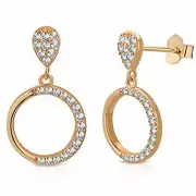 925 Sterling Silver CZ Gold-Tone Circle Teardrop Dangle Drop Earrings, 0.80"