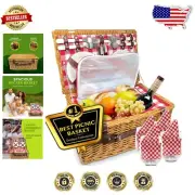 Stylish Wicker Picnic Basket with Wine Glass Holders & Dinnerware Set for 4