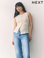 Ecru White Soft Touch Ribbed Sleeveless Button Through Cardigan Containing TENCEL™ Lyocell (F04789) | $31