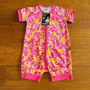 Bonds Hawaiian Tropical Floral Pink Yellow Zip Wondersuit Romper BNWT Size 2