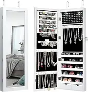 Costway Mirror Jewelry Armoire Cabinet, Wall-Mount/Door-Hanging Armoire, Full length Mirror & 2 LED Lights, Lockable Large Makeup Storage Jewelry Organizer, White