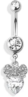 [Pierced Owl] 14GA 316L Stainless Steel CZ Crystal Heart with Bow Dangling Belly Button Ring