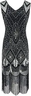 [HEYDHSDC] Women Sequin Fringe Dress Beaded V-Neck Sleeveless Long Party Dresses