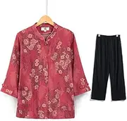 JUNMIN Summer Thin Two-Piece Suit, Middle-Aged and Elderly Women's Shirt, Mother's Three-Quarter Sleeve Suit (Color : Red Set, Size : XXX-Large)