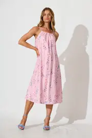 Sunetta Midi Sundress Spaghetti Strap in Pink Blush Floral Textured Broderie 8