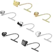 FUNRUN JEWELRY 7Pcs Tie Tacks for Men Tie Pins with Chain Black Gold Silver Tone Tie Tack Clutch for Wedding Birthday Anniversary Business Jewelry