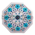 Octagonal White Marble Top Side Table Inlaid With Turquoise Gemstone