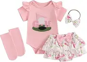 [Nibbcoa] Baby Girl Summer Outfit Short Sleeve Golf Embroidery Romper Bloomers Tutu Skirt Socks Headband 4Pcs Outfits