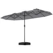 Costway 4m Double-Sided Patio Umbrella Large Outdoor Umbrella w/Base Solar Panel & 48 LED Lights Parasol Grey