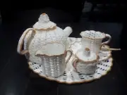 Teaset Hand crocheted - Teapot with cup, saucer, milk jug, sugar bowl and plate