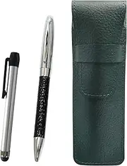 SASMG-ALST-PD03-B Grain Leather Pen Case Moss Green Metal Touch Stick Silver and Genuine Leather Winding Rotating Ballpoint Pen Director Set Black