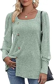 [MYCOLORBLUE] Women's Autumn Pullover Tunic Soft Stretch Long Sleeve Decorative Buttons Knitted Jumper T-Shirt, Light Green, Medium