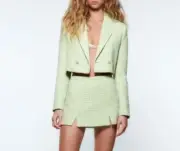Zara Tweed Cropped Textured Blazer in Pastel Green Women's Size Medium NWT